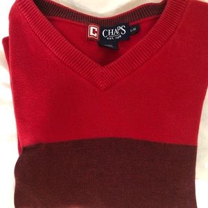 Chaps Red Cotton V-Neck LS Sweater w/Stripe Sz L